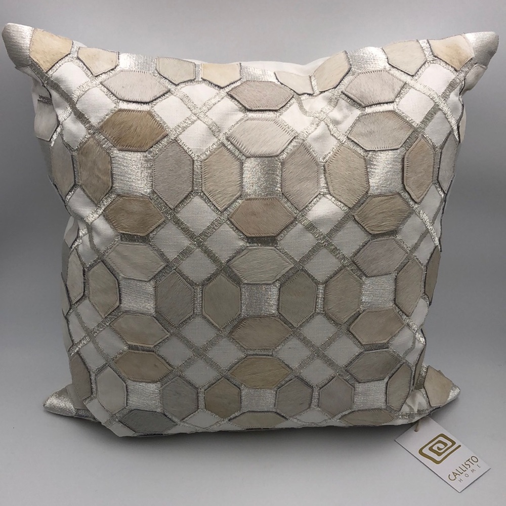 Callisto Home White Calf Hair Silver Embroidered Decorative Square Pillow